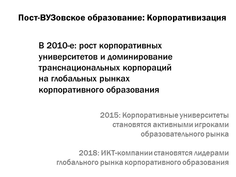 Пост-ВУЗовское образование: Корпоративизация В 2010-е: рост корпоративных университетов и доминирование транснациональных корпораций на глобальных